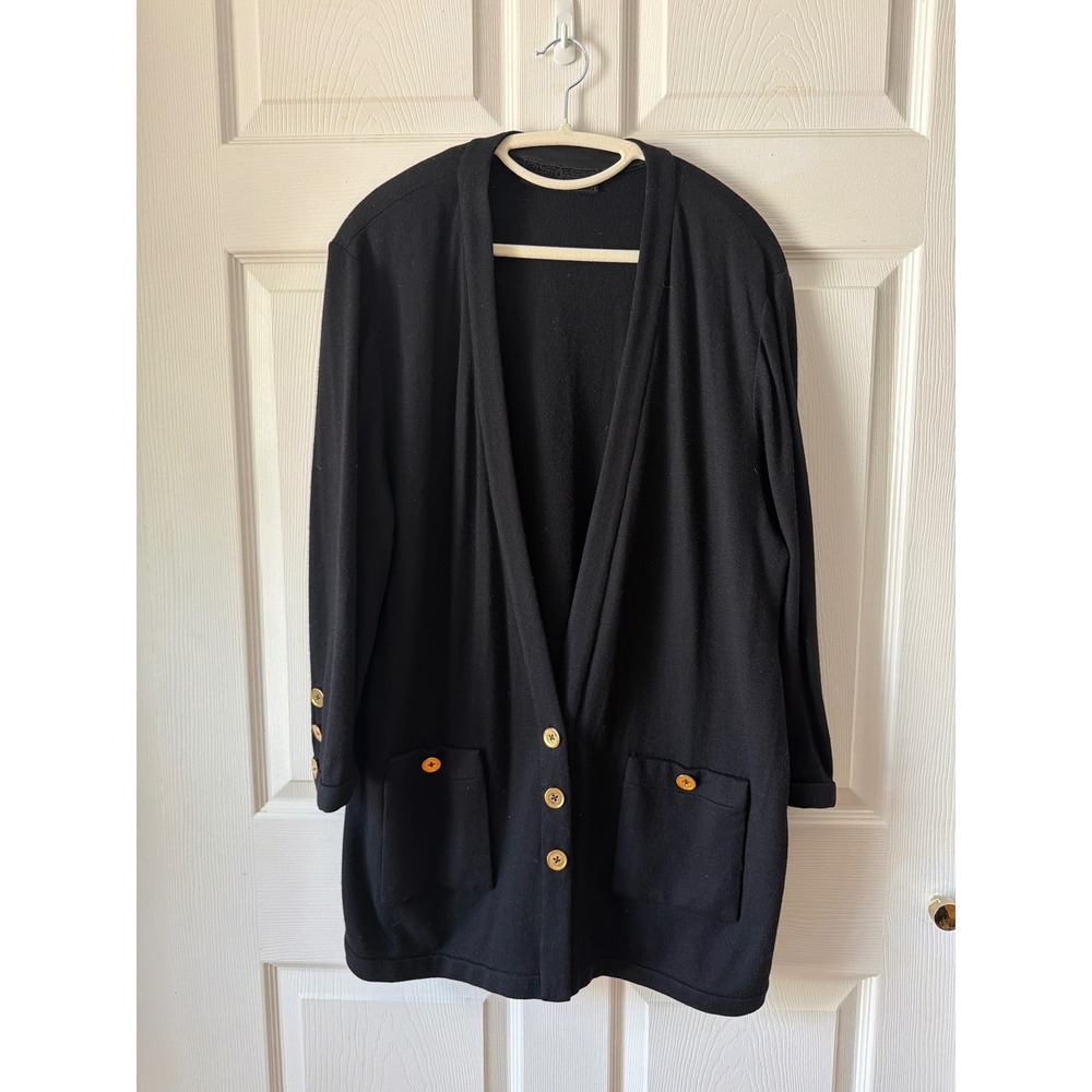 Peggy Jennings VTG 90s Cardigan Womens 2X Black 100% Cashmere USA Gold Luxury